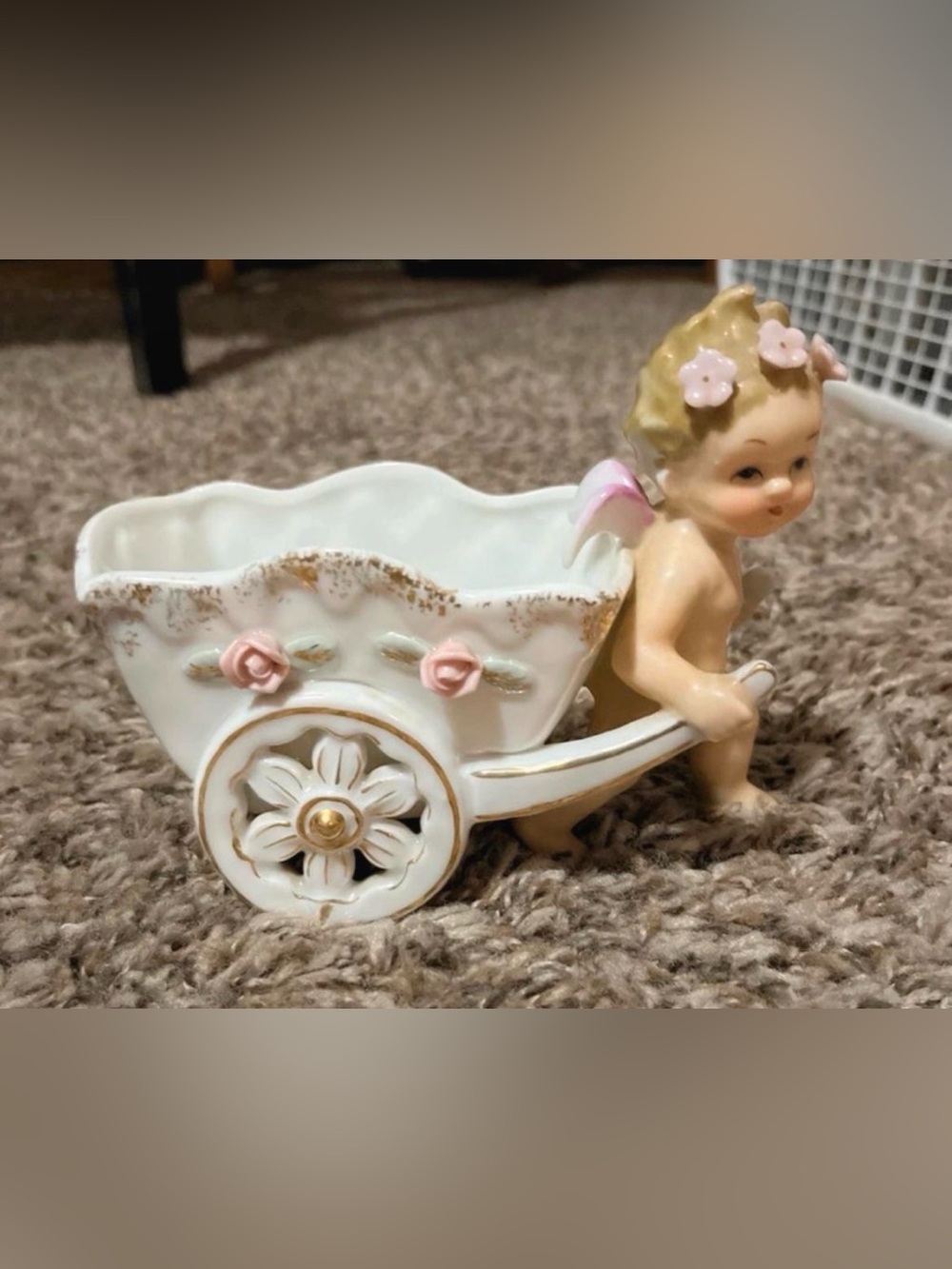 Porcelain Cherub Flower Cart Figurine - White and Pink
